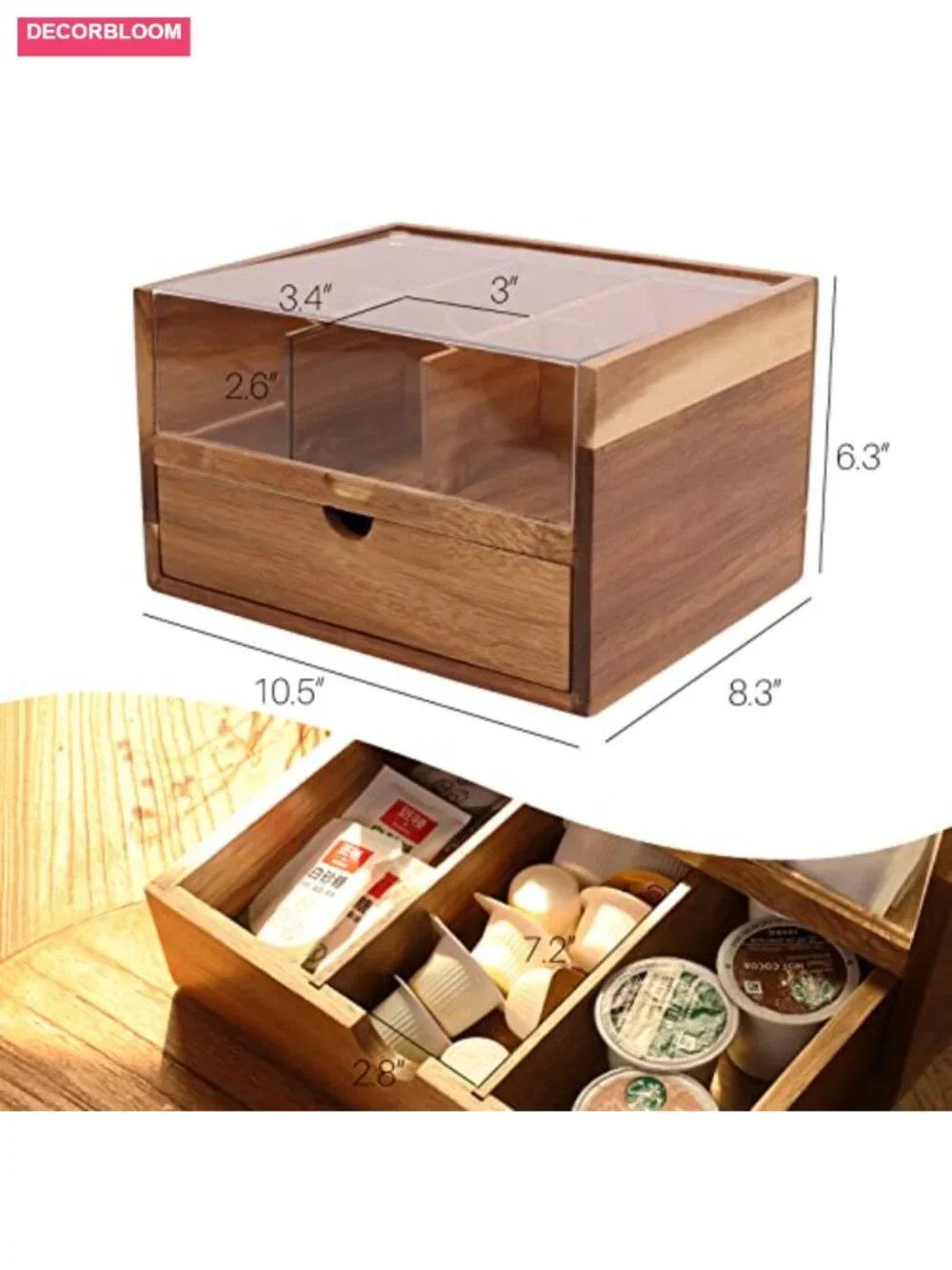 Large 2 Tier Acacia Wood Tea Organizer with Drawer, 9 Compartments, Coffee Pod